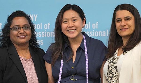 CUNY SPS Nursing Professors Dr. Lilly Mathew and Dr. Olga Kagan with Nursing student Waice Mui at the 2025 CUNY SPS nursing convocation
