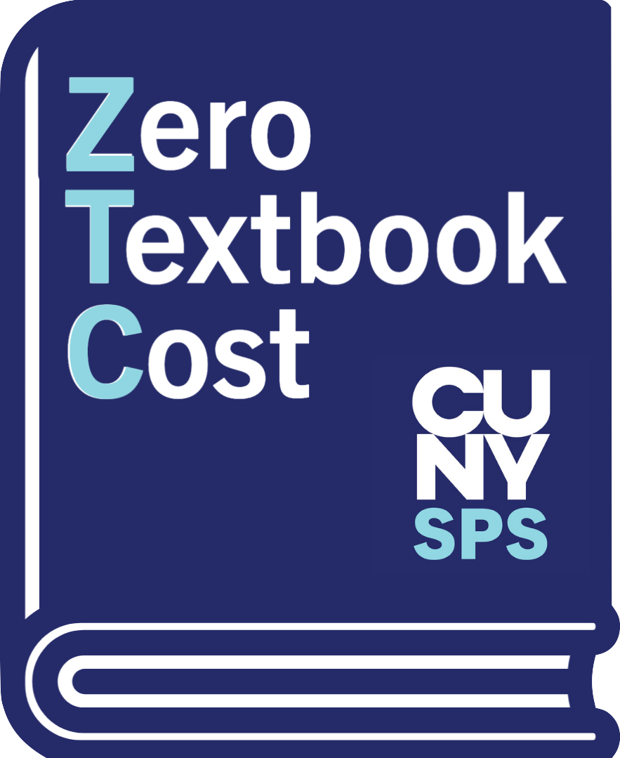 Graphic of a blue textbook with 'Zero Textbook Cost' written on it and the CUNY SPS logo on the bottom right corner