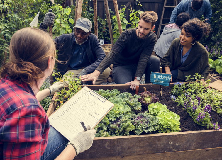 Park employees tending to a community garden