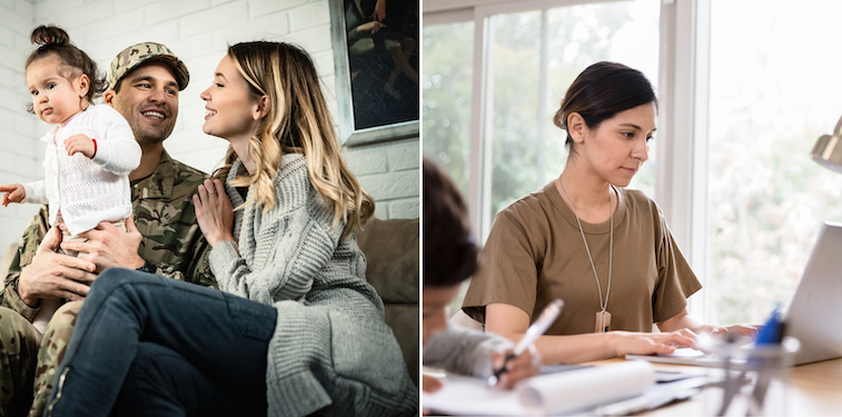 Left side: Husband in military uniform holding child with wife to his right. Right: Woman in casual military clothes working at desk with laptop with child writing out of focus on left.