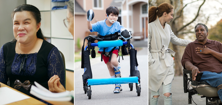 Three image collage from left: a smiling woman; a young boy going down a street using a walker; a woman with a man in a wheelchair in the outdoors