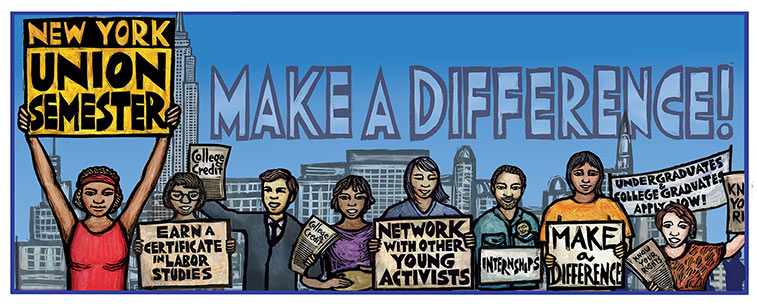 NY Union Semester Cartoon drawing of activists holding different signs