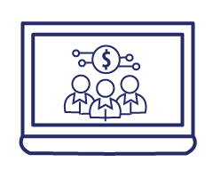 Icon illustration of a computer monitor with dollar sign and 3 people