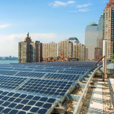 Solar panels in foreground with large buildings in background