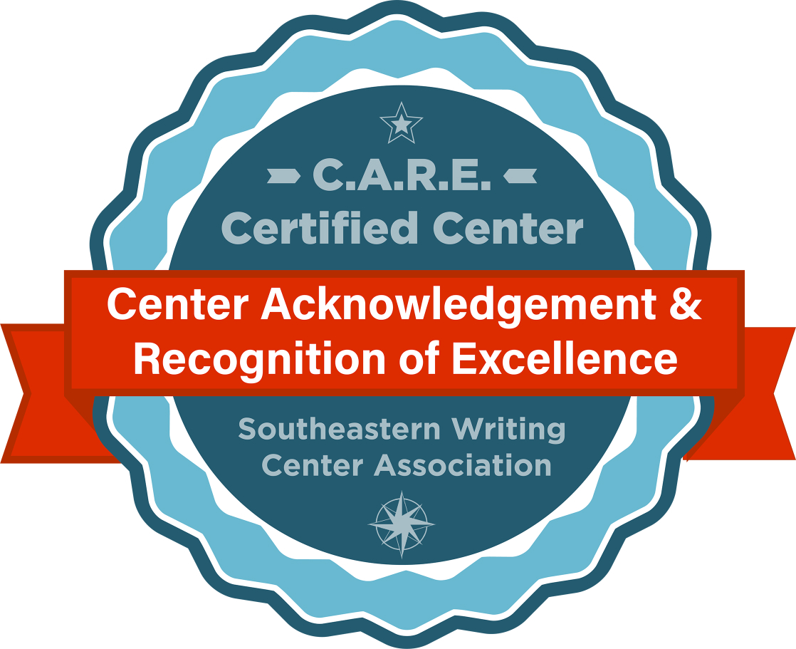 Light blue, dark blue, and red badge designating the CUNY SPS writing center as an SWCA certified Center Acknowledgement and Recognition of Excellence