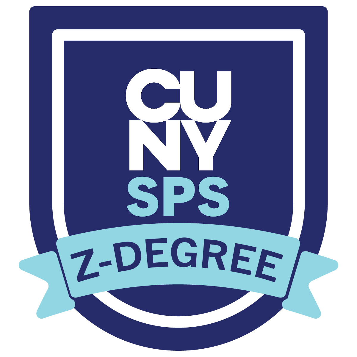 Graphic of a blue with 'CUNY SPS' writte on it and a ribbon that says 'Z-Degree'