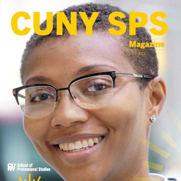 Front cover of CUNY SPS 2021-22 Magazine featuring a smiling woman student