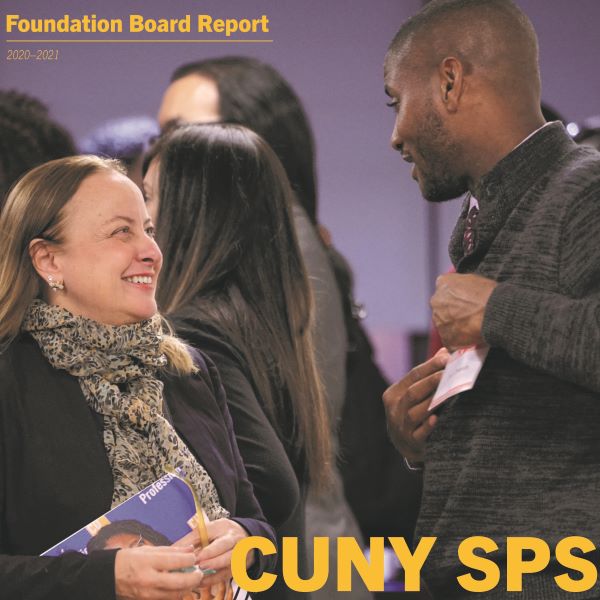 Front cover of CUNY SPS 2021-22 Foundation Board Report featuring two CUNY SPS students talking and smiling