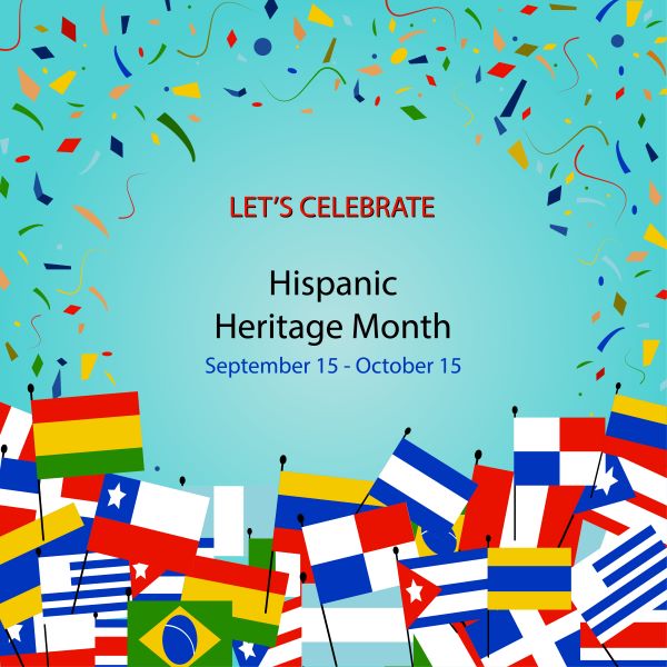 Banner for Hispanic Heritage Month Banner "Let's Celebrate" with Flags and Confetti 