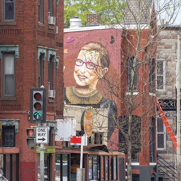 Mural of RBG on apartment building