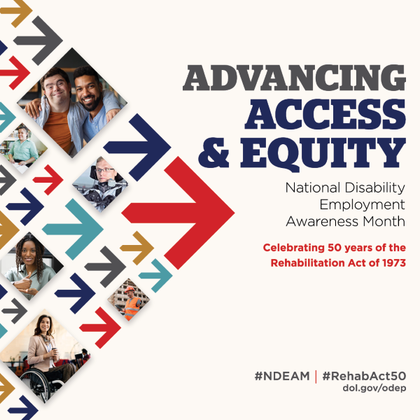 NDEAM 2023 official poster featuring field of red, gray, teal, blue and yellow and words “Advancing Access & Equity,"