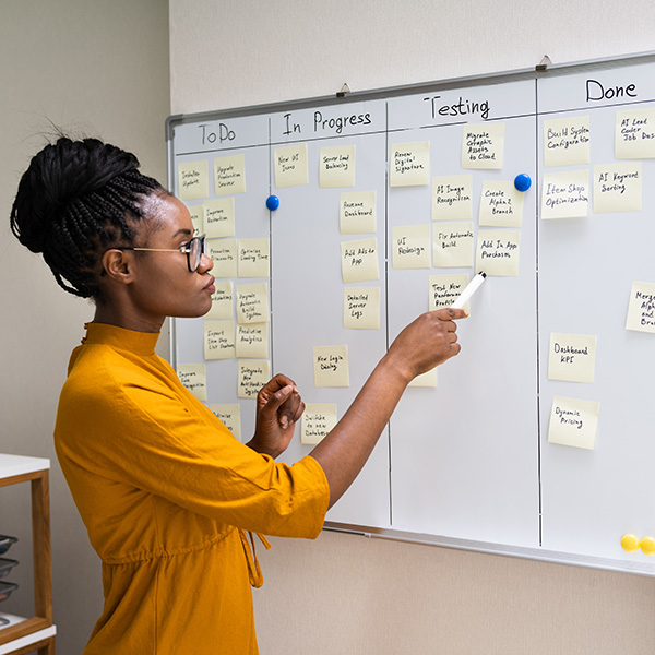Woman pointing to project management white board