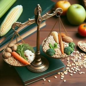 Photo of fruits and vegetables on a measuring weight surrounded by more fruits and vegetables on a table