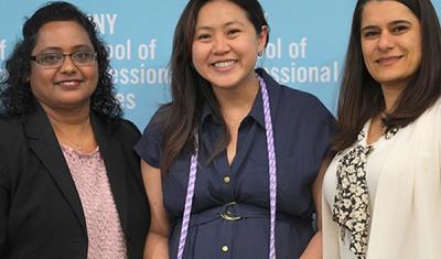 CUNY SPS Nursing Professors Dr. Lilly Mathew and Dr. Olga Kagan with Nursing student Waice Mui at the 2025 CUNY SPS nursing convocation