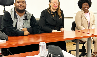 CUNY School of Professional Studies alumni who served as student leaders during their time at CUNY SPS. From left: Leonard Blades, Lennyn Jacob, and Asantee Mitchelln 