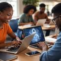 African American Male and female sitting in class studying AI on laptops
