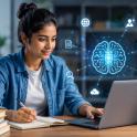 Young adult Asian woman stting at desk with AI images surrounding her and her laptop