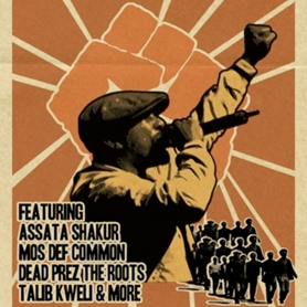 A Black man with a microphone raises his fist in the air.