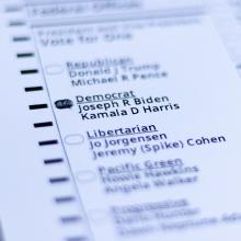 2020 Election Ballot with bubbled filled in for Joseph Biden and Kamala Harris