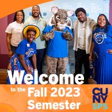 Group of CUNY SPS students, with School mascot Lynxy, smiling and posing together
