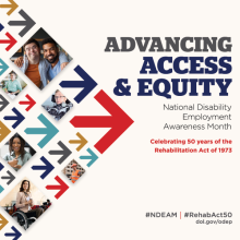 NDEAM 2023 official poster featuring field of red, gray, teal, blue and yellow and words “Advancing Access & Equity,"