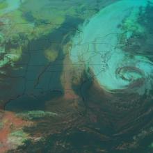 NOAA image of Hurricane Sandy beginning to be captured by an approaching disturbance on October 28th, 2012