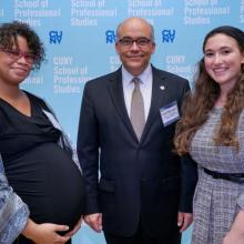 CUNY SPS Dean Silva-Puras posing with 2021 Scholarship Recipient winners April Outen and Adina Hoppenstein