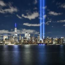 Two beams of light above Manhattan sky to memorialize the events of September 11, 2001