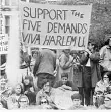 Black & white photo of CUNY students protesting in 1970s used as still from the documentary The Five Demands