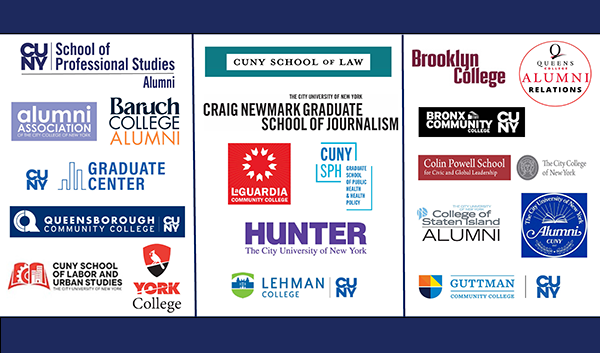 A collage of the logos from various CUNY campuses involved in the multi-campus event co-hosted by CUNY SPS