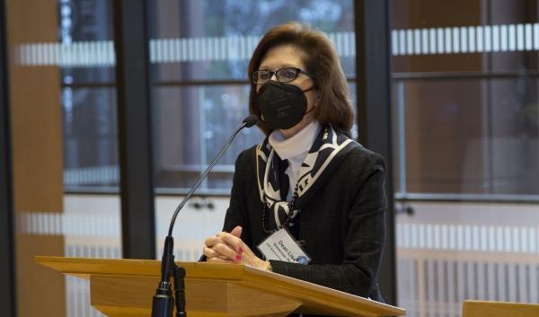 CUNY SPS Dean Lisa R. Braverman speaks at the podium at the Inaugural Dean's Reception