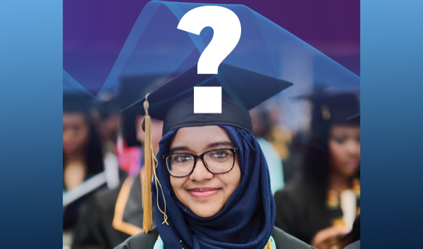 Image of a smiling female CUNY SPS graduate with a question mark above her head. The words "Help Us Name the CUNY SPS Magazine!" below.