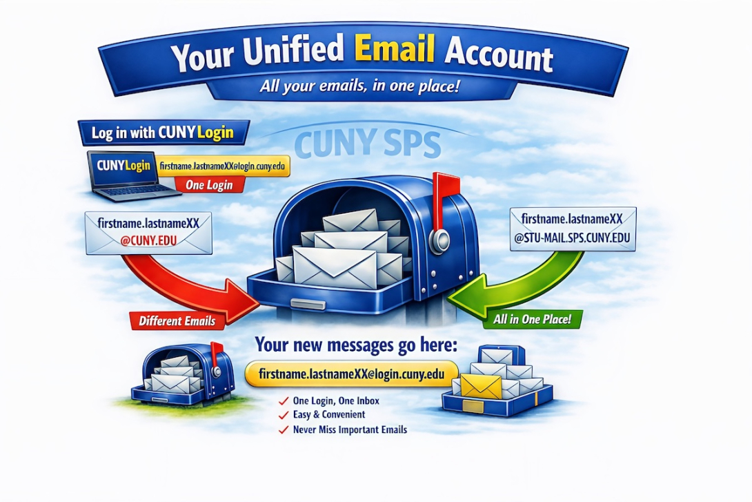 Diagram illustrating unified email account setup for CUNY SPS, showing consolidation of multiple email addresses into one inbox. 