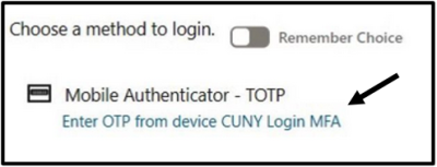 CUNY Login Screenshot. Select Enter OTP from device link