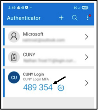 CUNY Login screenshot. Open the Microsoft Authenicator app on your mobile phone for the password code.