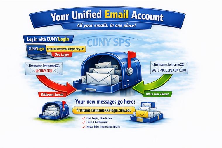 Diagram illustrating unified email account setup for CUNY SPS, showing consolidation of multiple email addresses into one inbox. 